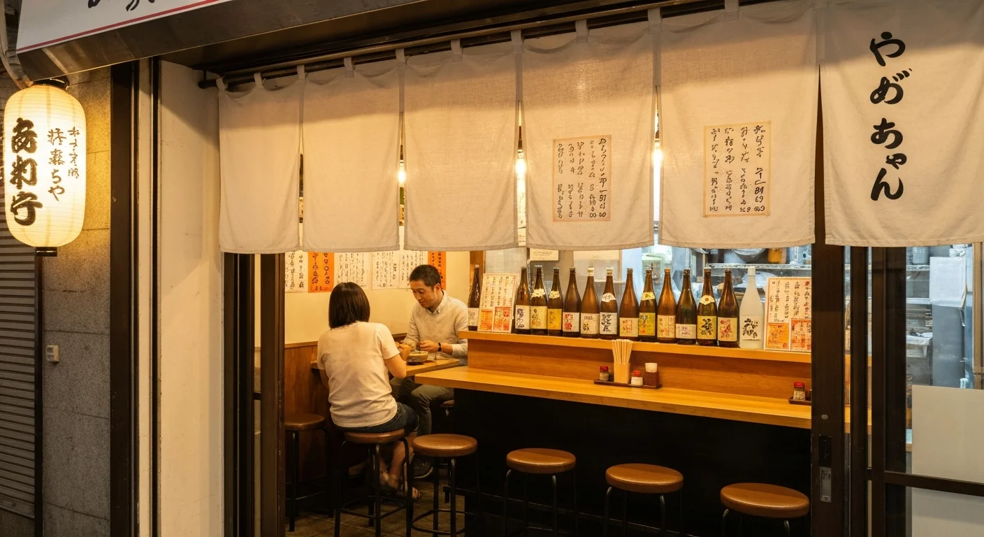 暖簾の向こうに見える居酒BAR禅のカウンター席とやわらかな照明