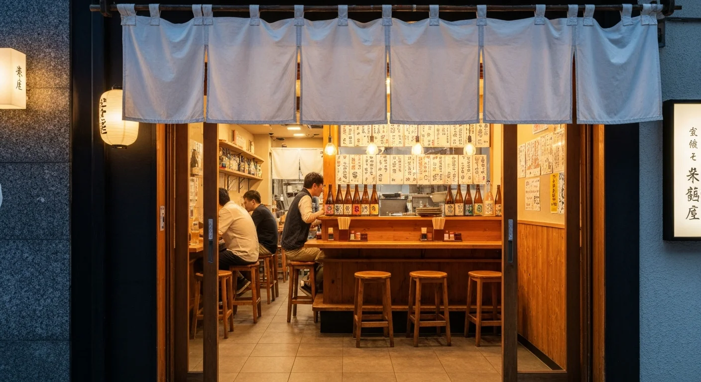 夕方の暖簾越しに見える居酒BAR禅の入口と店内の明かり